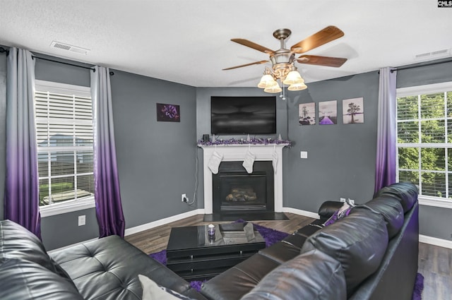 living room featuring plenty of natural light, dark hardwood / wood-style flooring, and a textured ceiling