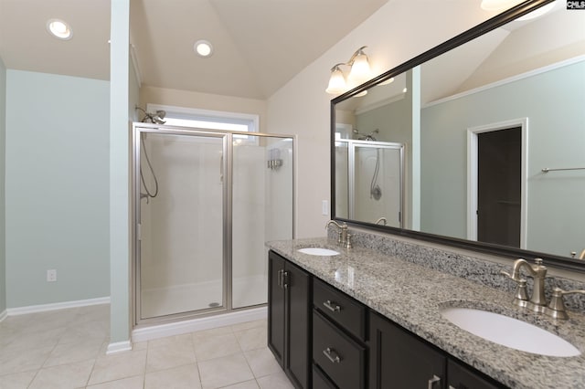 bathroom with tile patterned flooring, an enclosed shower, and lofted ceiling