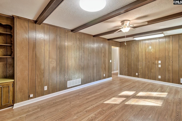 unfurnished room featuring beamed ceiling, light hardwood / wood-style floors, wood walls, and a textured ceiling