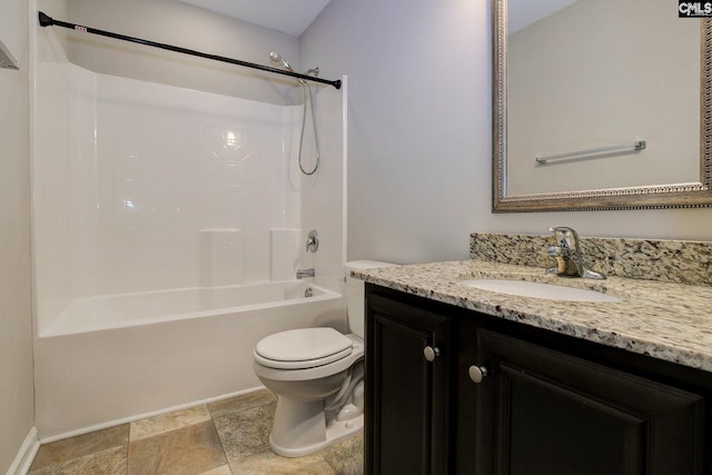 full bathroom featuring vanity, bathing tub / shower combination, and toilet