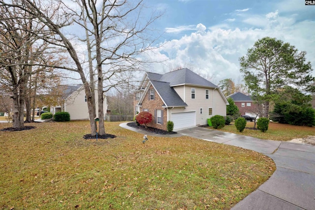 view of property exterior with a lawn and a garage