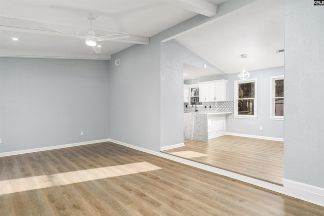 unfurnished living room with lofted ceiling with beams, light hardwood / wood-style floors, and ceiling fan