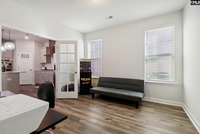 office space with a wealth of natural light, french doors, and dark hardwood / wood-style floors