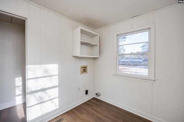 laundry area featuring hookup for a washing machine and dark hardwood / wood-style flooring