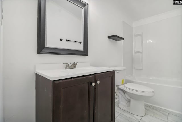 full bathroom featuring vanity, shower / bath combination, toilet, and crown molding