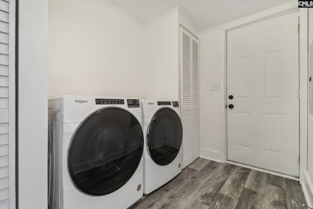 laundry room featuring washing machine and dryer and wood-type flooring