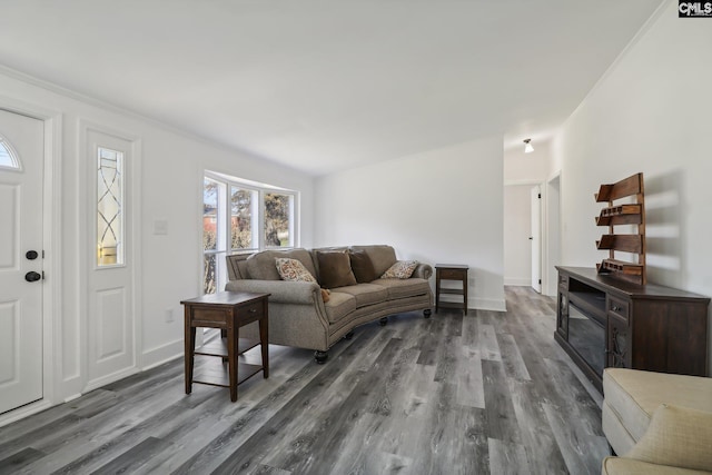 living room with hardwood / wood-style floors and ornamental molding