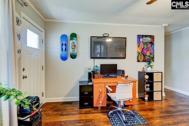 home office featuring ornamental molding and dark wood-type flooring