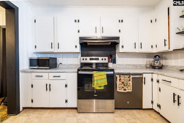 kitchen with white cabinets, appliances with stainless steel finishes, decorative backsplash, and ornamental molding