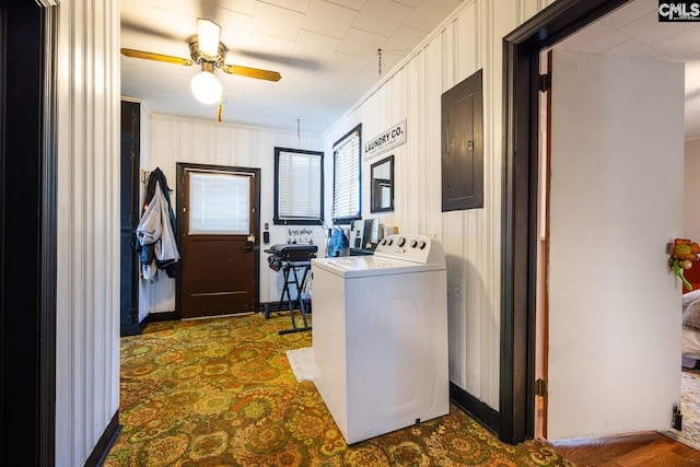 laundry area featuring washer / dryer, electric panel, ceiling fan, and ornamental molding