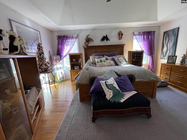 bedroom featuring light wood-type flooring and a raised ceiling