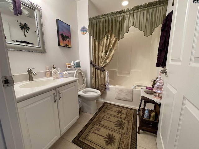 full bathroom with toilet, tile patterned flooring, vanity, and shower / tub combo with curtain