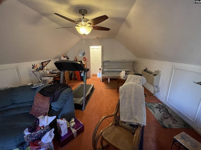 carpeted bedroom featuring vaulted ceiling and ceiling fan