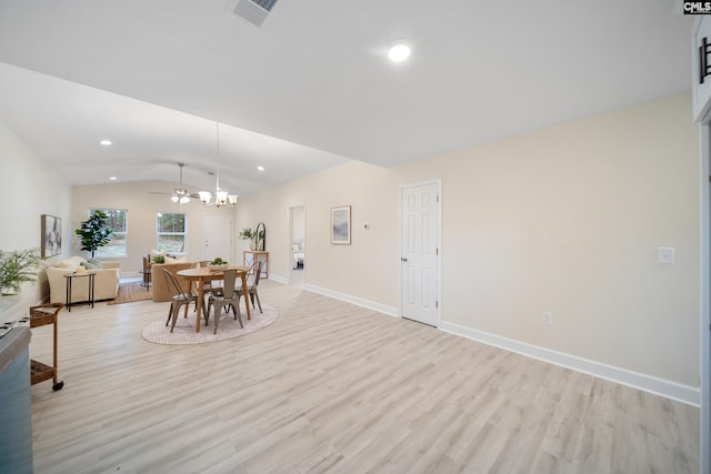 1758 Baughman Rd, Lugoff, SC 29078 - dining area featuring lofted ceiling, light wood-style floors, recessed lighting, a chandelier, and ceiling fan