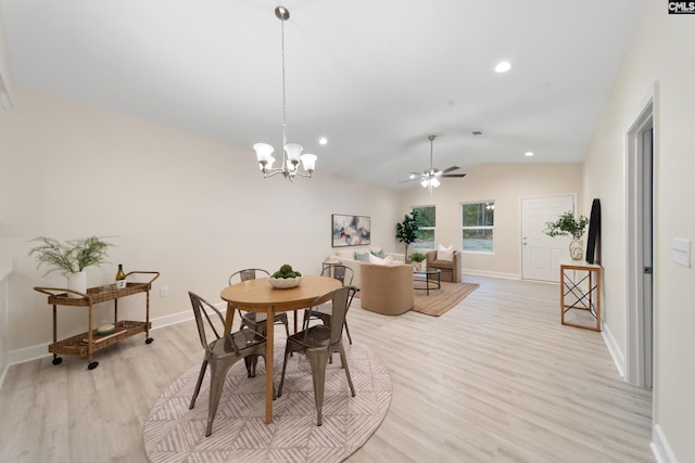 1758 Baughman Rd, Lugoff, SC 29078 - dining room featuring light wood finished floors, ceiling fan, lofted ceiling, a chandelier, and recessed lighting