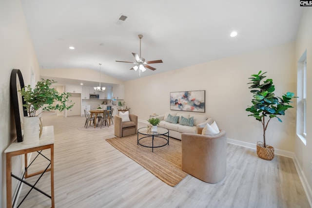 1758 Baughman Rd, Lugoff, SC 29078 - living area featuring ceiling fan, light wood-style flooring, lofted ceiling, a chandelier, and recessed lighting