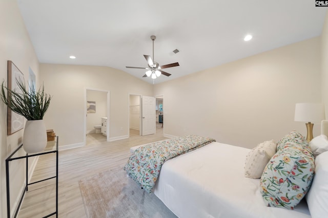 1758 Baughman Rd, Lugoff, SC 29078 - bedroom featuring light wood finished floors, lofted ceiling, a ceiling fan, recessed lighting, and ensuite bath