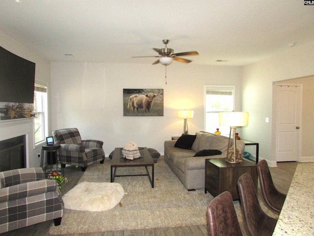 living room with hardwood / wood-style flooring and ceiling fan