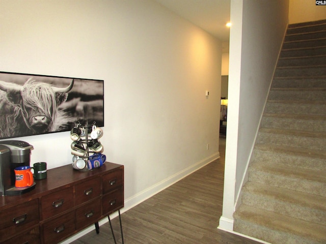 stairs featuring hardwood / wood-style floors