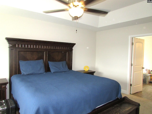 bedroom with light wood-type flooring and ceiling fan