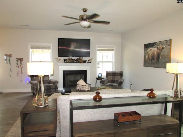 living room with dark hardwood / wood-style floors, ceiling fan, and a healthy amount of sunlight