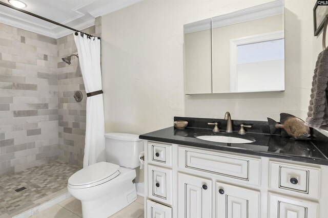 bathroom featuring tile patterned floors, vanity, crown molding, toilet, and curtained shower