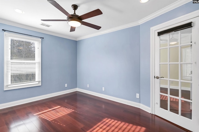 unfurnished room featuring crown molding, ceiling fan, and dark hardwood / wood-style floors