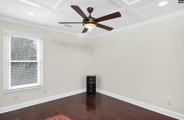 unfurnished room featuring dark hardwood / wood-style flooring, crown molding, ceiling fan, and coffered ceiling