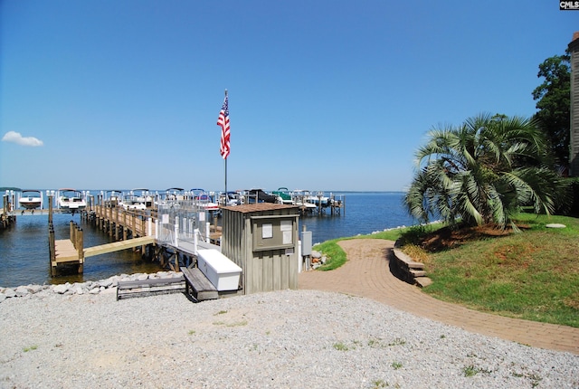 dock area with a water view