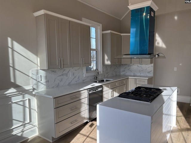 kitchen with dishwasher, ventilation hood, sink, decorative backsplash, and a kitchen island