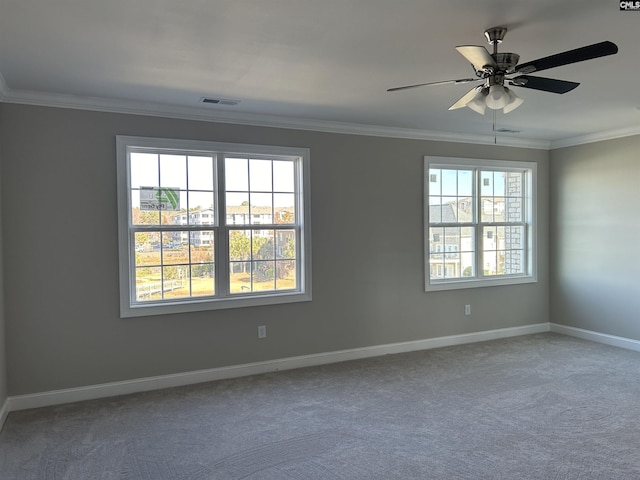 carpeted spare room with ceiling fan and ornamental molding