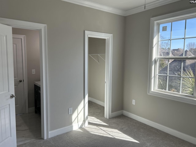 unfurnished bedroom with a walk in closet, light colored carpet, a closet, and ornamental molding