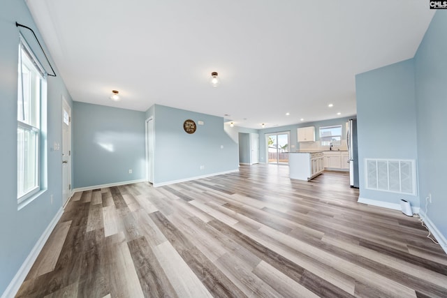 unfurnished living room featuring sink and light hardwood / wood-style floors