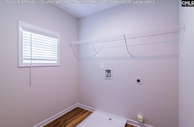 washroom with hookup for an electric dryer, wood-type flooring, and washer hookup