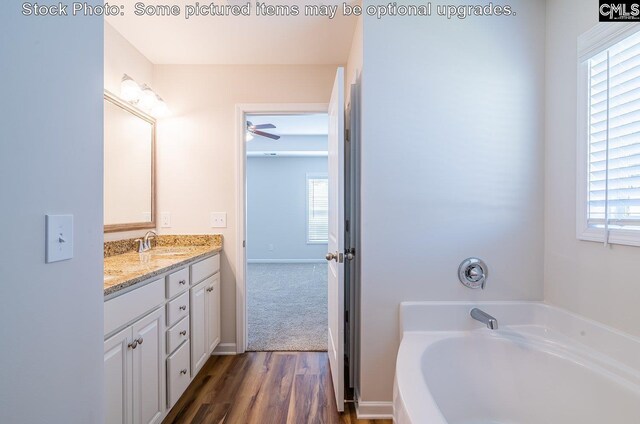 bathroom with wood-type flooring, vanity, ceiling fan, and a bathing tub