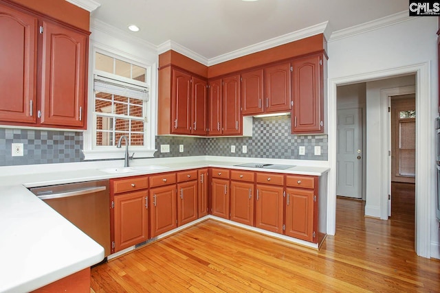 kitchen featuring decorative backsplash, light hardwood / wood-style flooring, crown molding, and sink