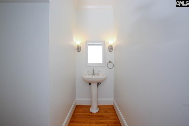 bathroom with hardwood / wood-style flooring and ornamental molding