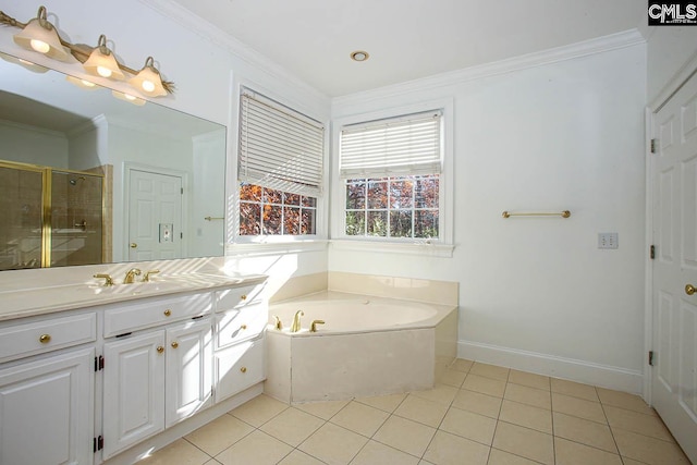 bathroom featuring shower with separate bathtub, vanity, tile patterned floors, and crown molding