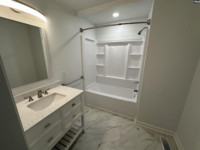 bathroom featuring shower / tub combination, vanity, and ornamental molding