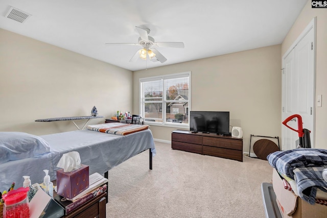 bedroom featuring carpet flooring and ceiling fan