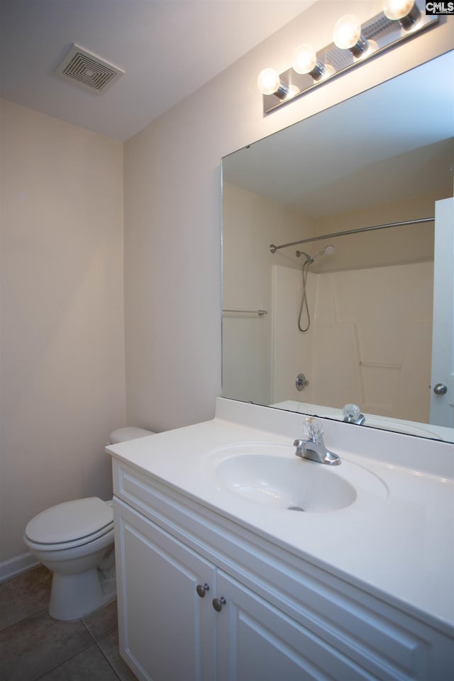 bathroom with tile patterned floors, toilet, a shower, and vanity