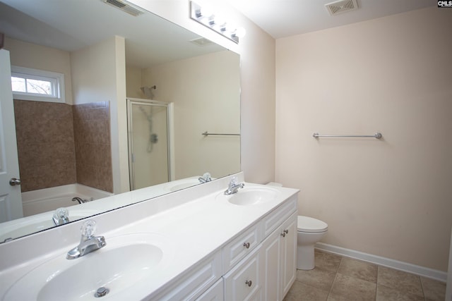 full bathroom featuring tile patterned flooring, vanity, toilet, and shower with separate bathtub