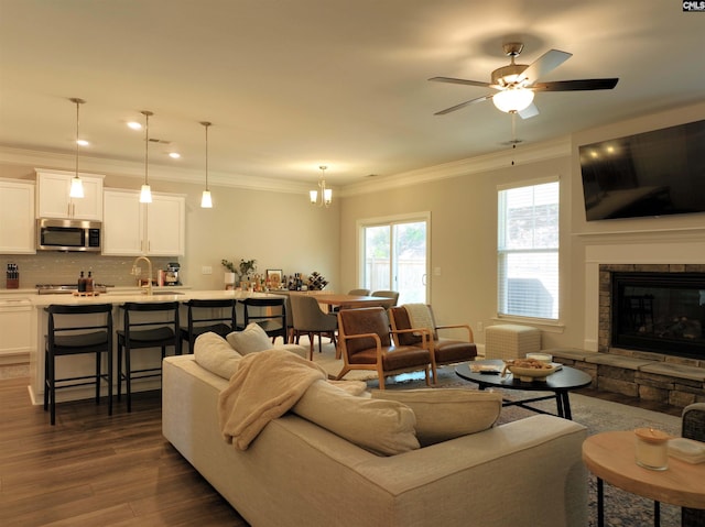 living room with ceiling fan with notable chandelier, dark hardwood / wood-style flooring, a stone fireplace, and crown molding