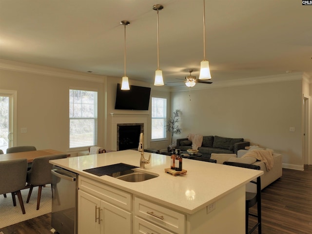 kitchen featuring ornamental molding, open floor plan, a sink, and dishwasher