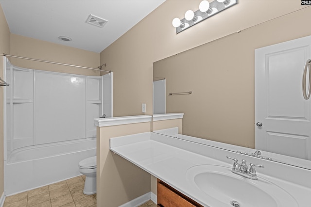 full bathroom featuring tile patterned flooring, vanity, shower / bath combination, and toilet