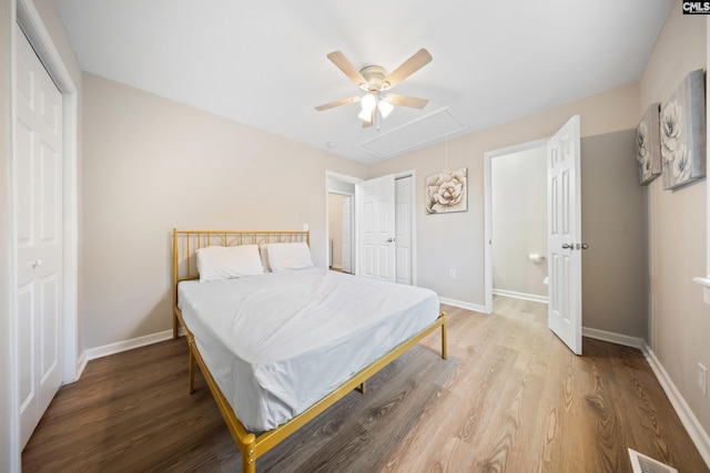 bedroom featuring light hardwood / wood-style floors and ceiling fan