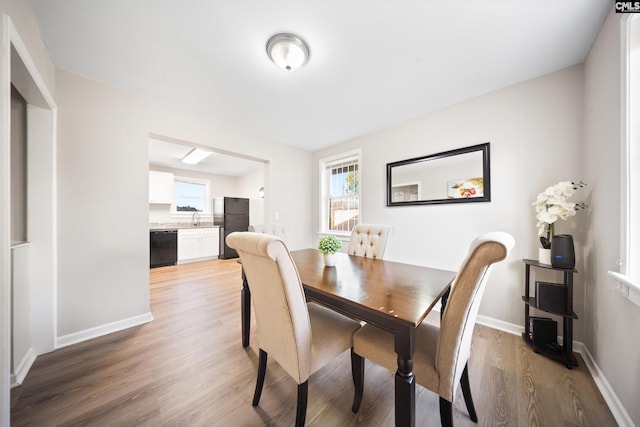 dining area with sink and light hardwood / wood-style flooring