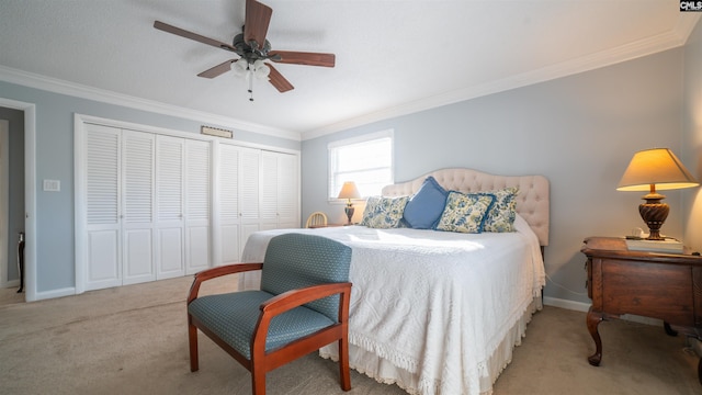 bedroom featuring ceiling fan, light colored carpet, and ornamental molding