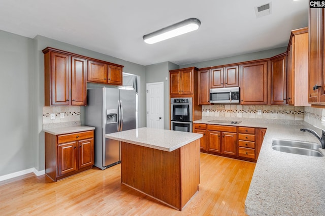 kitchen featuring sink, a center island, backsplash, appliances with stainless steel finishes, and light wood-type flooring