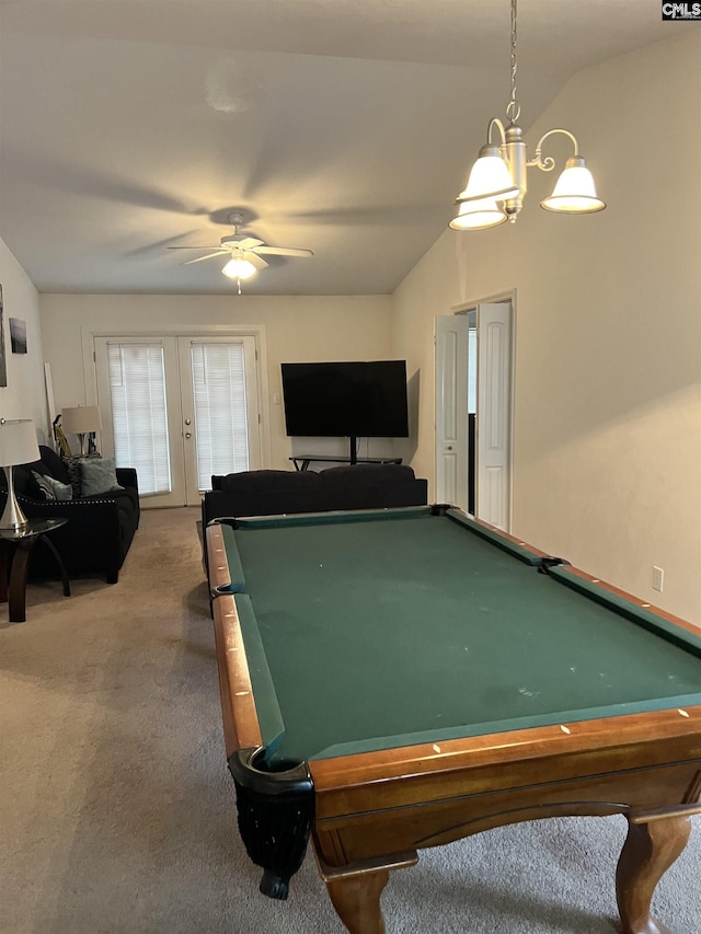 game room with carpet flooring, ceiling fan, and pool table